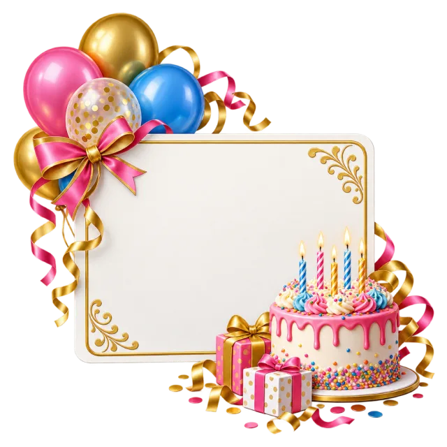 A blank cream invitation card framed by colorful balloons in one corner and a birthday cake with presents in the opposite corner