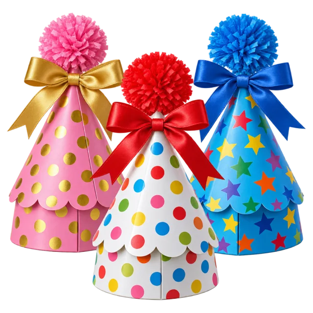 Three cone-shaped favor boxes with dots and stars, decorated with colorful ribbon bows and pom pom toppers