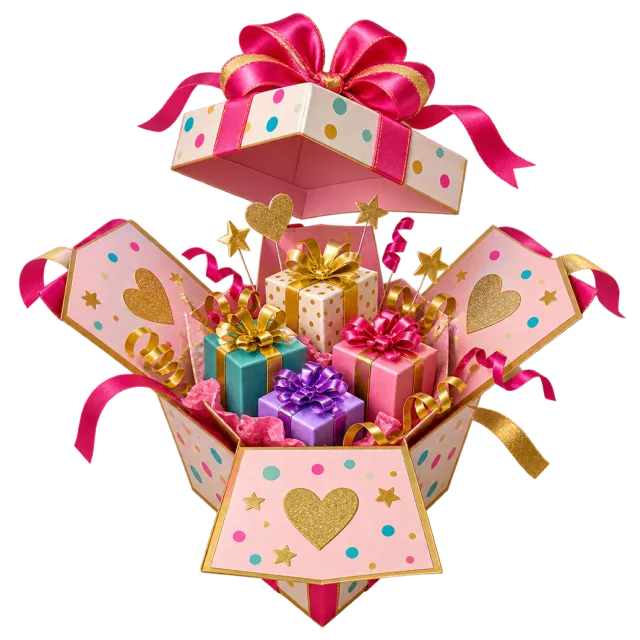 An open pink explosion-style gift box with folded-out sides, small colorful presents and a raised ribboned lid
