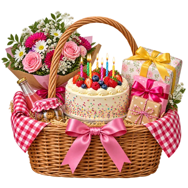 A wicker basket lined with red gingham cloth, holding a candle-topped cake, flowers and wrapped gifts
