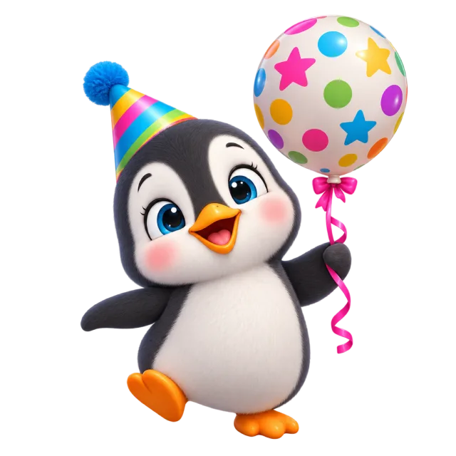 A smiling baby penguin wearing a striped party hat and holding a colorful star-and-dot balloon