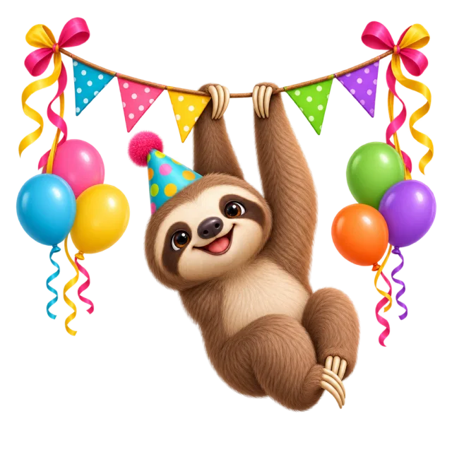 A cheerful sloth in a party hat hanging beneath colorful triangular bunting with balloons on either side