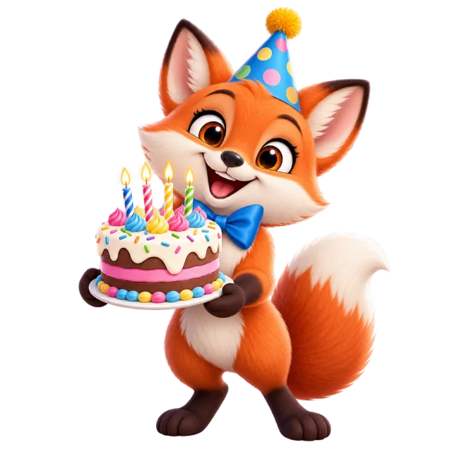 An orange fox in a party hat and blue bow tie holds a small cake with lit candles