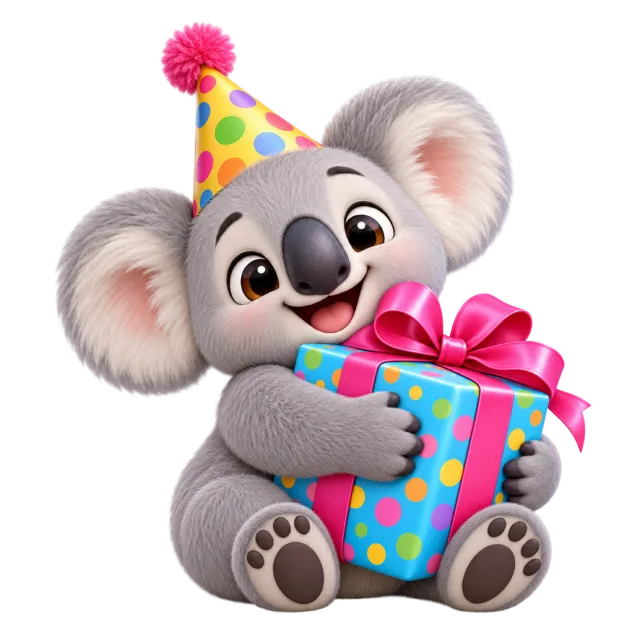 A smiling gray koala wearing a dotted party hat hugs a blue gift box with pink ribbon