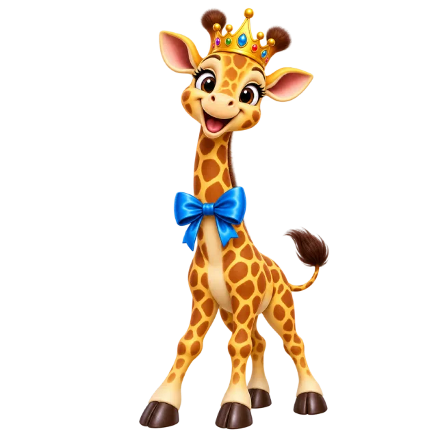 A smiling giraffe wearing a gold-colored jeweled crown and a blue bow tie