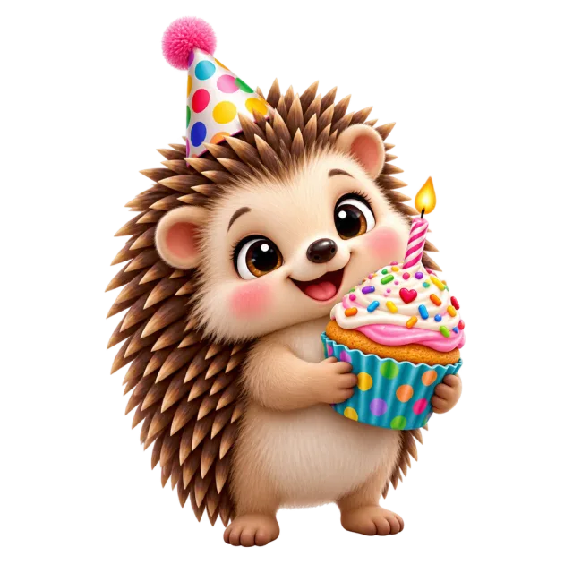 A small smiling hedgehog in a party hat holds a sprinkled cupcake with a lit candle