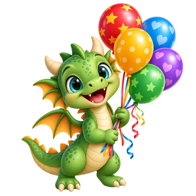 A smiling green baby dragon with orange wings holds a bunch of colorful patterned balloons