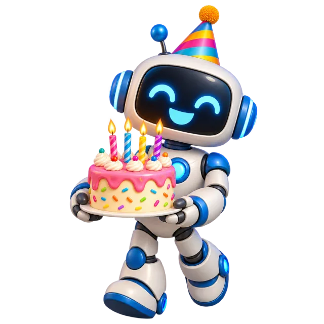 A white and blue robot with a smiling screen face and striped party hat carries a cake with lit candles