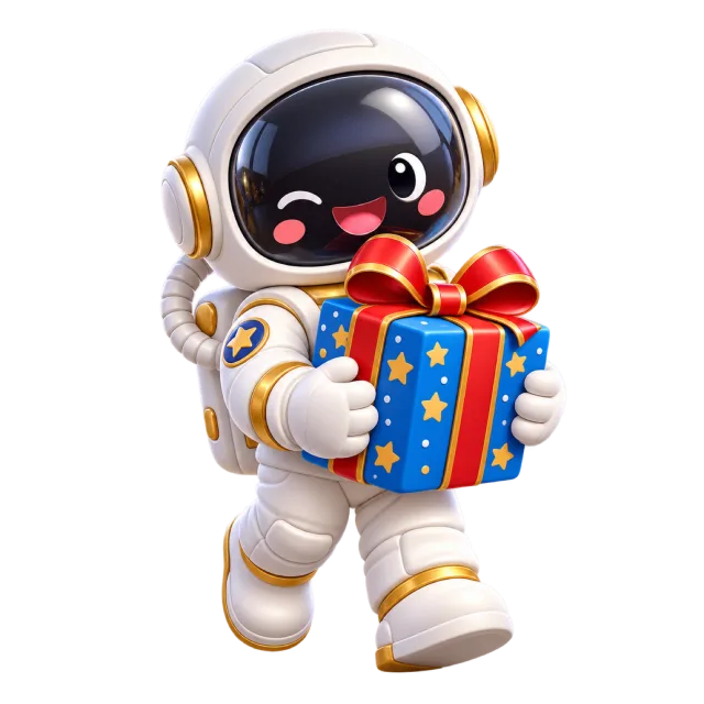 A small astronaut in a white suit holds a blue star-patterned present with a red ribbon bow
