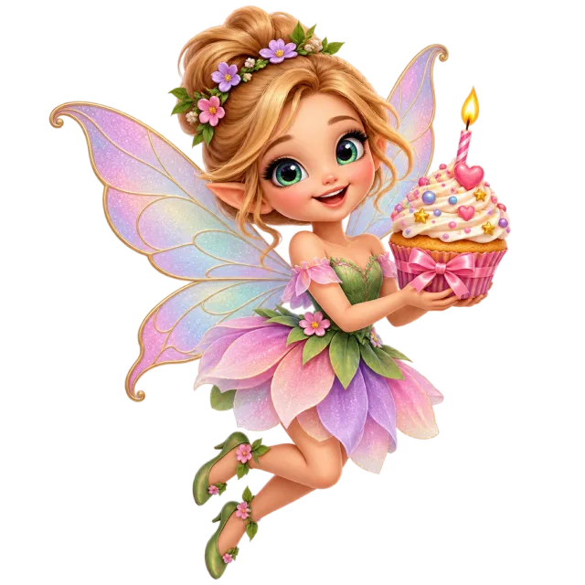 A smiling fairy with pastel wings, a flower crown and a petal dress holds a cupcake with a lit candle
