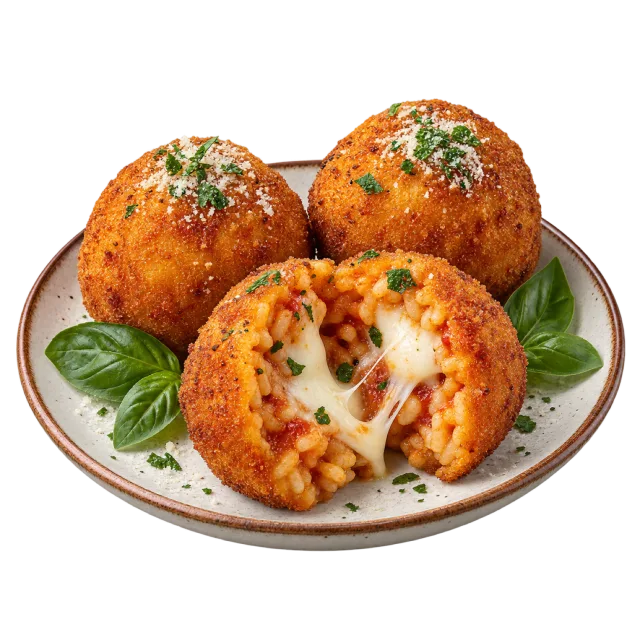Golden breaded arancini on a plate with one cut open to reveal a melted cheese center and a basil garnish