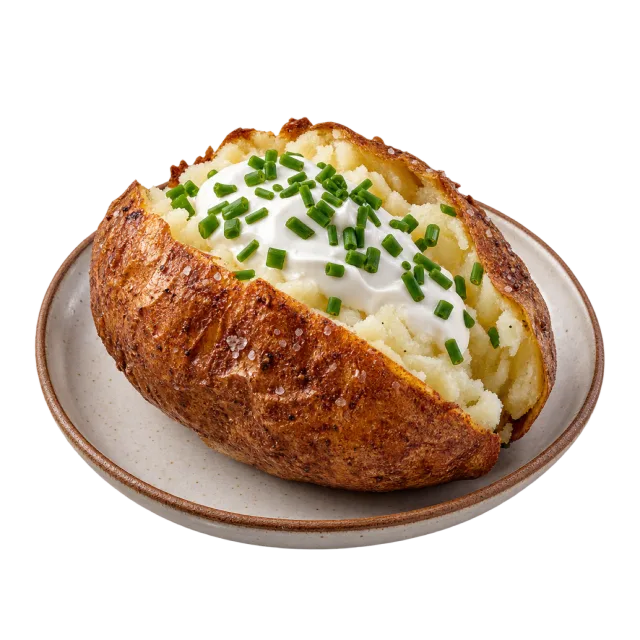 A split baked potato with crisp brown skin, a white creamy topping and chopped green chives