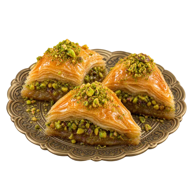Layered golden baklava pieces with green pistachio filling and chopped nuts on a decorative plate