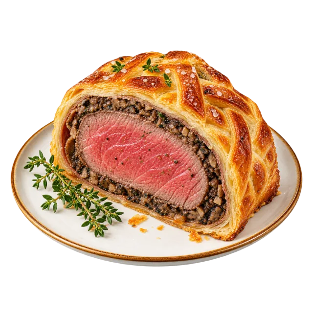 A cut beef Wellington showing a pink center, a dark filling layer and a patterned golden pastry crust