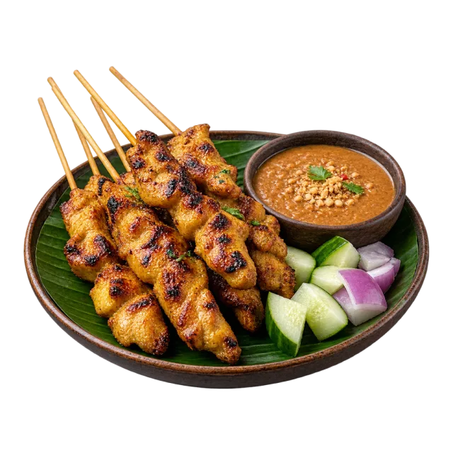 Grilled chicken skewers on a dark plate beside a bowl of brown dipping sauce and cut vegetables