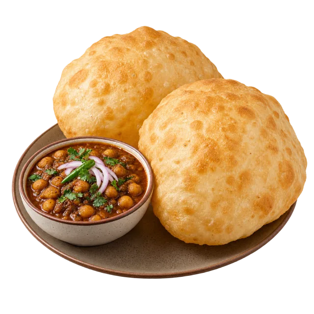 Two puffed golden breads beside a bowl of chickpea curry topped with onion and green garnish