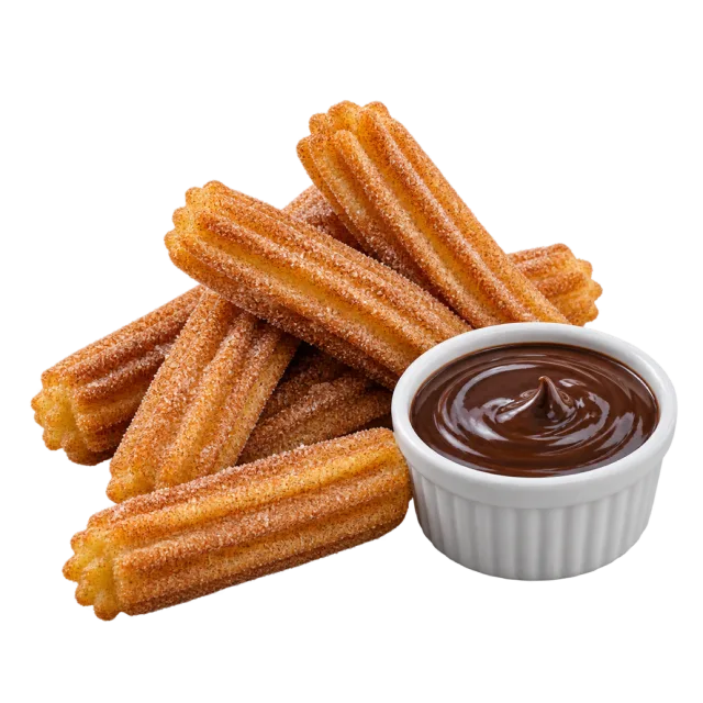 Ridged golden churros arranged beside a white ramekin of thick chocolate dipping sauce