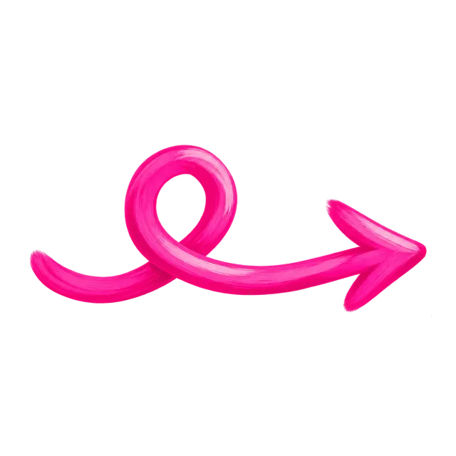 Hot-pink playful hand-drawn looping arrow pointing right on a transparent background