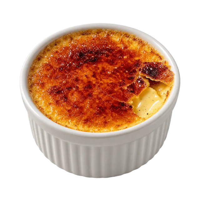 A white fluted ramekin filled with pale custard beneath a glossy caramelized brown crust
