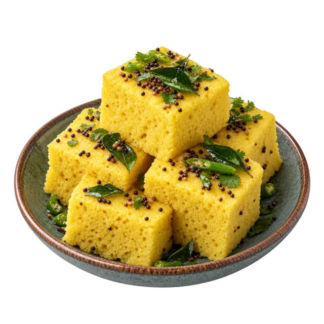 Stacked yellow dhokla cubes dotted with dark seeds and topped with green leaves on a plate