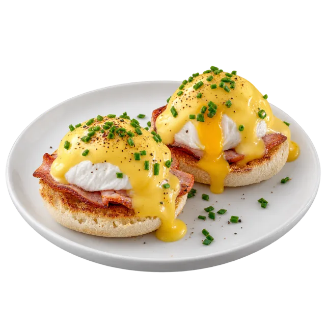 Two muffin halves topped with sliced meat, poached eggs, yellow sauce and chopped herbs on a white plate