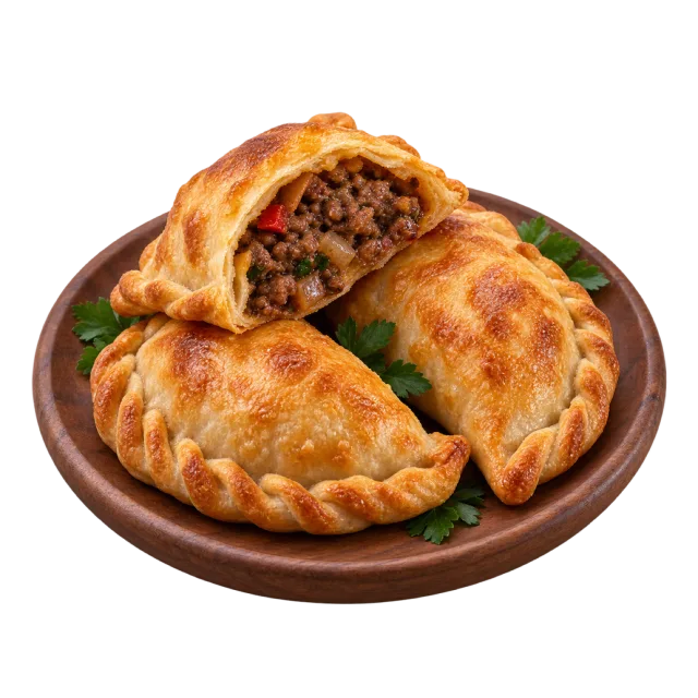 Golden crimped empanadas on a wooden plate, including one cut open to show a browned savory filling
