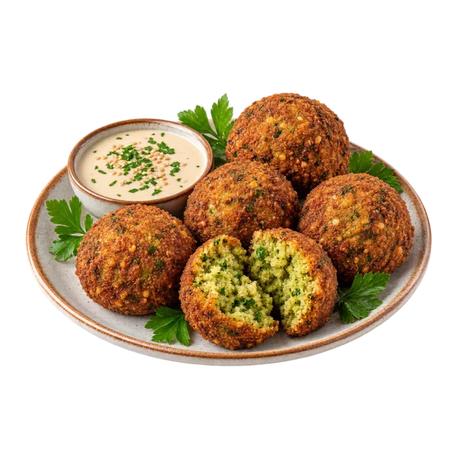Crisp brown falafel balls with a green cut center, leafy garnish and a small bowl of creamy sauce