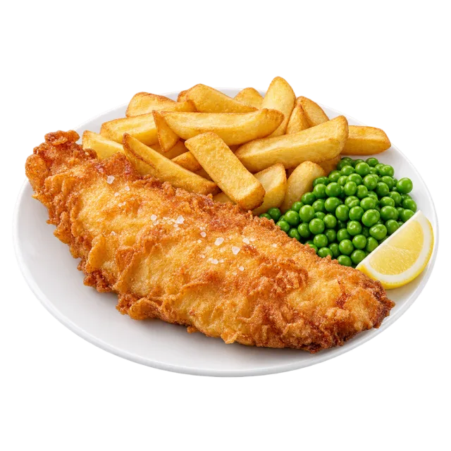 A battered golden fish fillet served with thick chips, green peas and a lemon wedge on a white plate