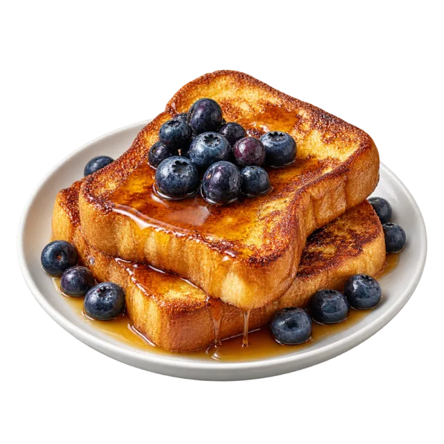 Thick slices of golden French toast stacked with blueberries and syrup on a plate
