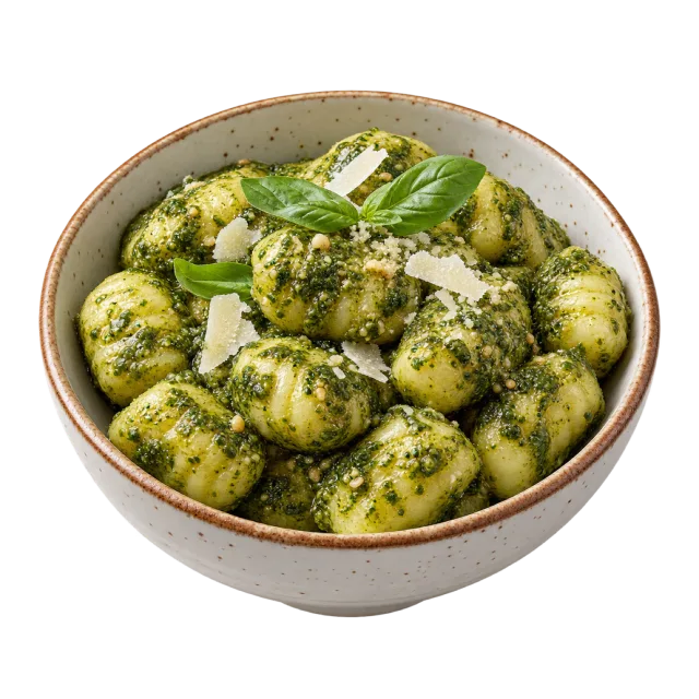 A bowl of gnocchi coated in green pesto and topped with basil leaves and shaved cheese