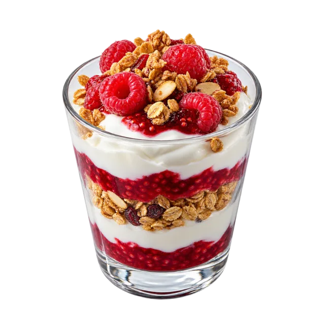 A clear glass layered with white yogurt, red berry mixture and granola, topped with raspberries