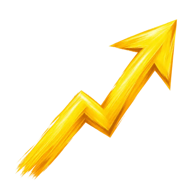 Golden-yellow energetic brush arrow pointing diagonally up-right on a transparent background