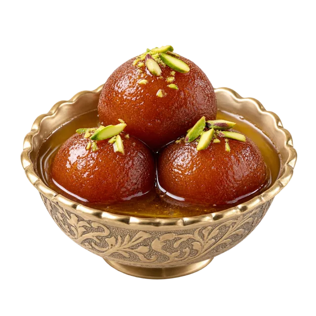 Three glossy brown gulab jamun in syrup, topped with sliced green nuts in an ornate bowl
