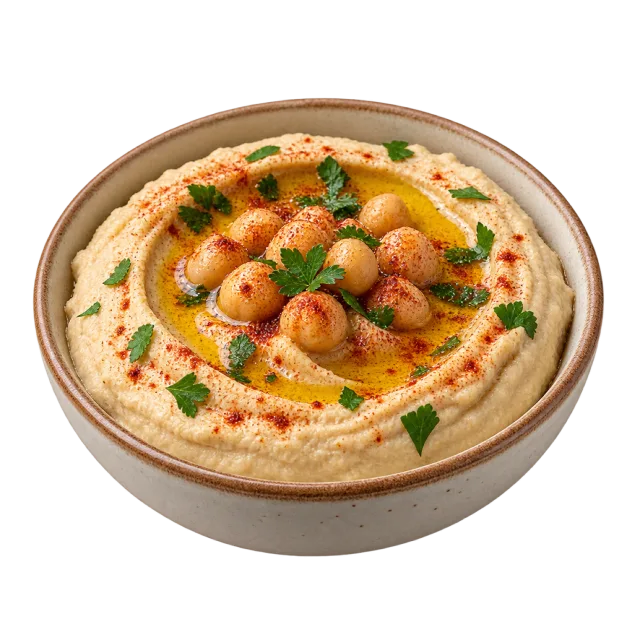 A shallow bowl of creamy hummus with a swirled surface, chickpeas, oil and chopped green herbs