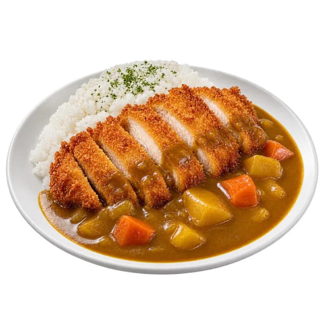 A sliced breaded cutlet served over brown curry with vegetables beside a mound of white rice