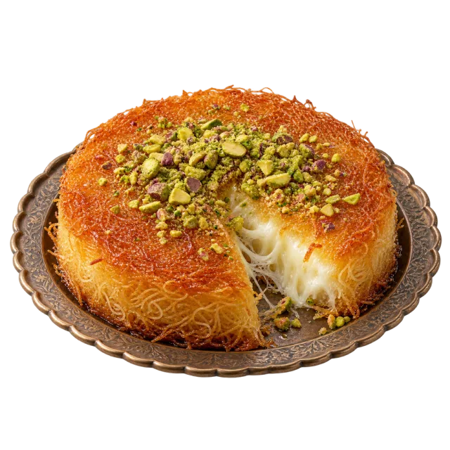A round golden shredded-pastry dessert topped with pistachios, with a cut section revealing a pale stretchy filling