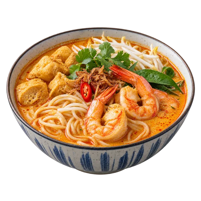 A patterned bowl of orange noodle soup with shrimp, pale cubes, bean sprouts and green garnish