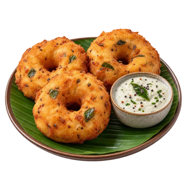 Three golden ring-shaped fritters on a leaf-lined plate beside a small bowl of white chutney