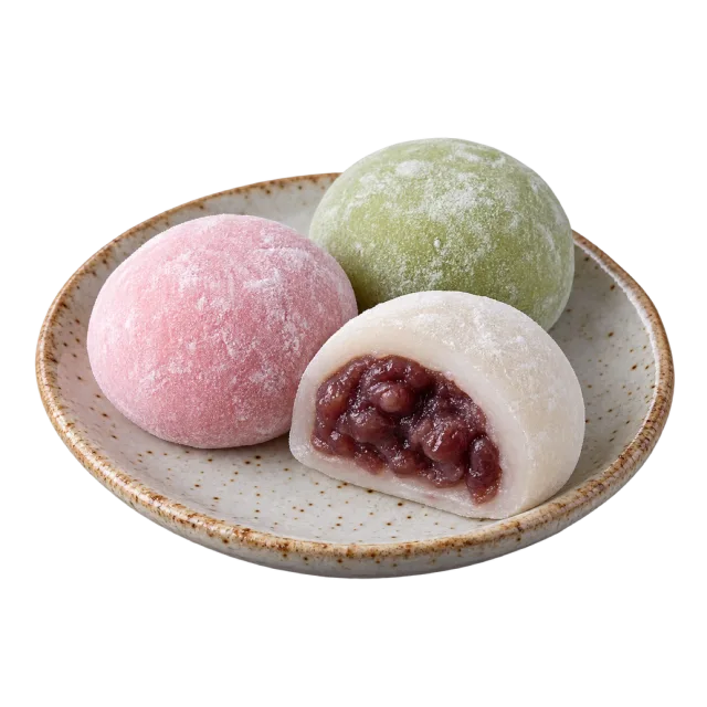 Pink, pale green and white mochi on a plate, with one cut open to show a dark red filling