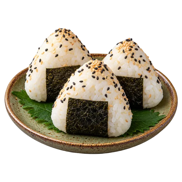 Three white triangular rice balls with dark seaweed strips and scattered sesame seeds on a plate