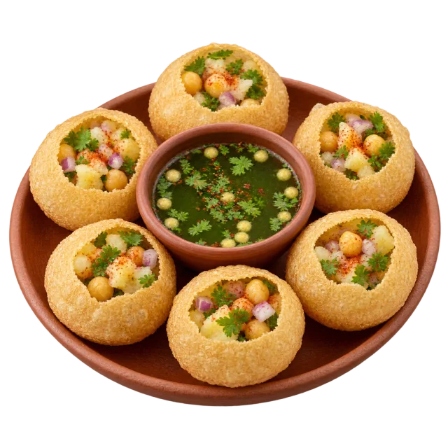 Crisp round puri shells filled with small diced ingredients arranged around a bowl of green liquid