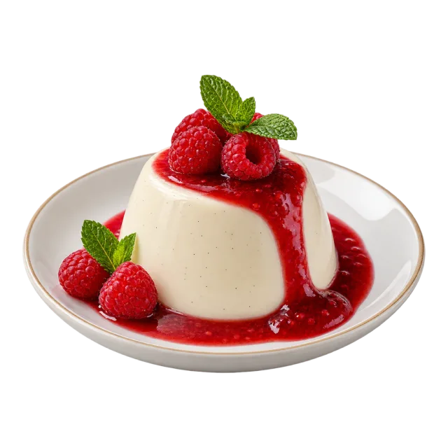 A white molded panna cotta topped with raspberries and red sauce, with berries and mint on the plate