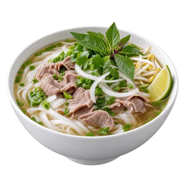A white bowl of noodle soup with thin meat slices, bean sprouts, onion and fresh green herbs