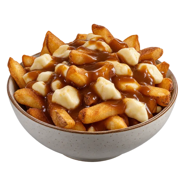 A bowl of golden fries covered with white cheese curds and glossy brown gravy