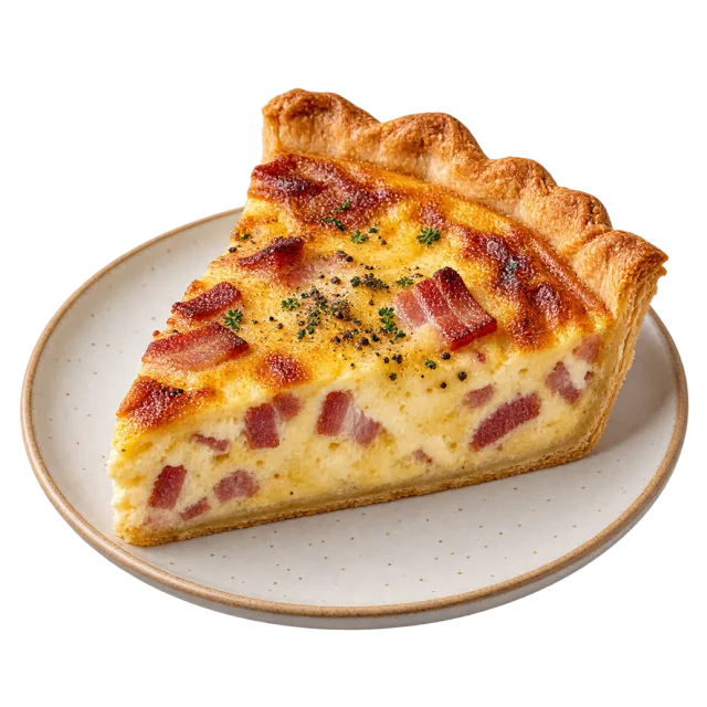 A wedge of savory quiche with a golden pastry edge, pale filling and pink meat pieces