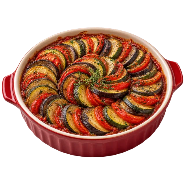Thin red, green and purple vegetable rounds arranged in a spiral inside a red baking dish