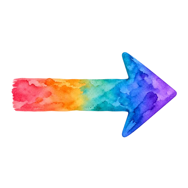 Colourful watercolour arrow pointing right, coral blending into orange turquoise blue and violet on a transparent background
