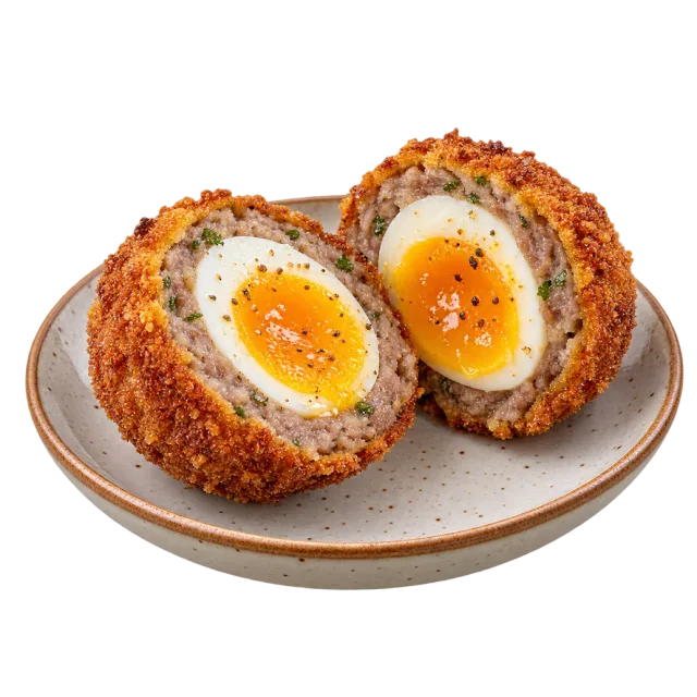 A breaded Scotch egg cut into two halves showing a browned outer layer, white egg and soft golden yolk