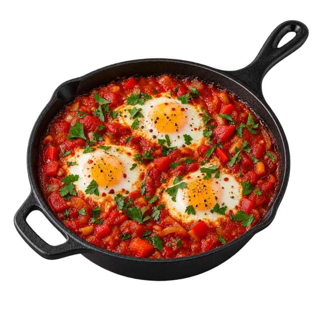 Eggs nestled in a chunky red tomato mixture with green herbs in a black handled skillet