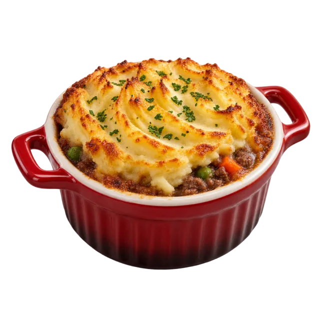 A red handled baking dish filled with savory pie and a browned ridged mashed-potato topping